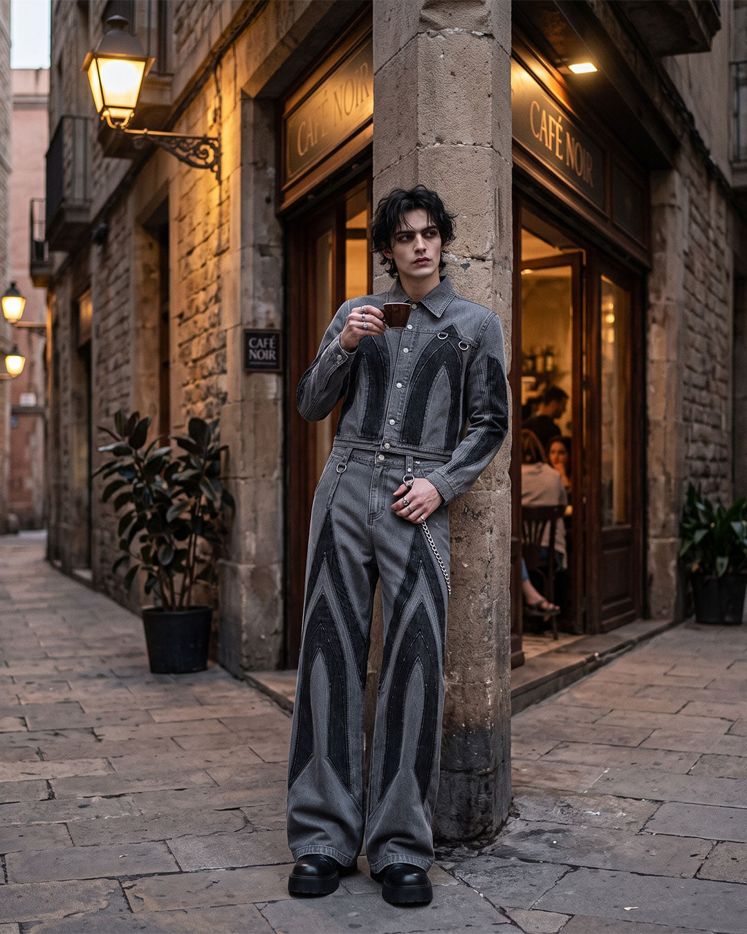 Front view of Gothic Cathedral Denim Suit with cropped grey and black denim jacket and matching wide-leg jeans