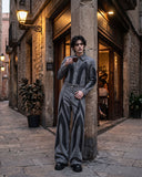 Front view of Gothic Cathedral Denim Suit with cropped grey and black denim jacket and matching wide-leg jeans