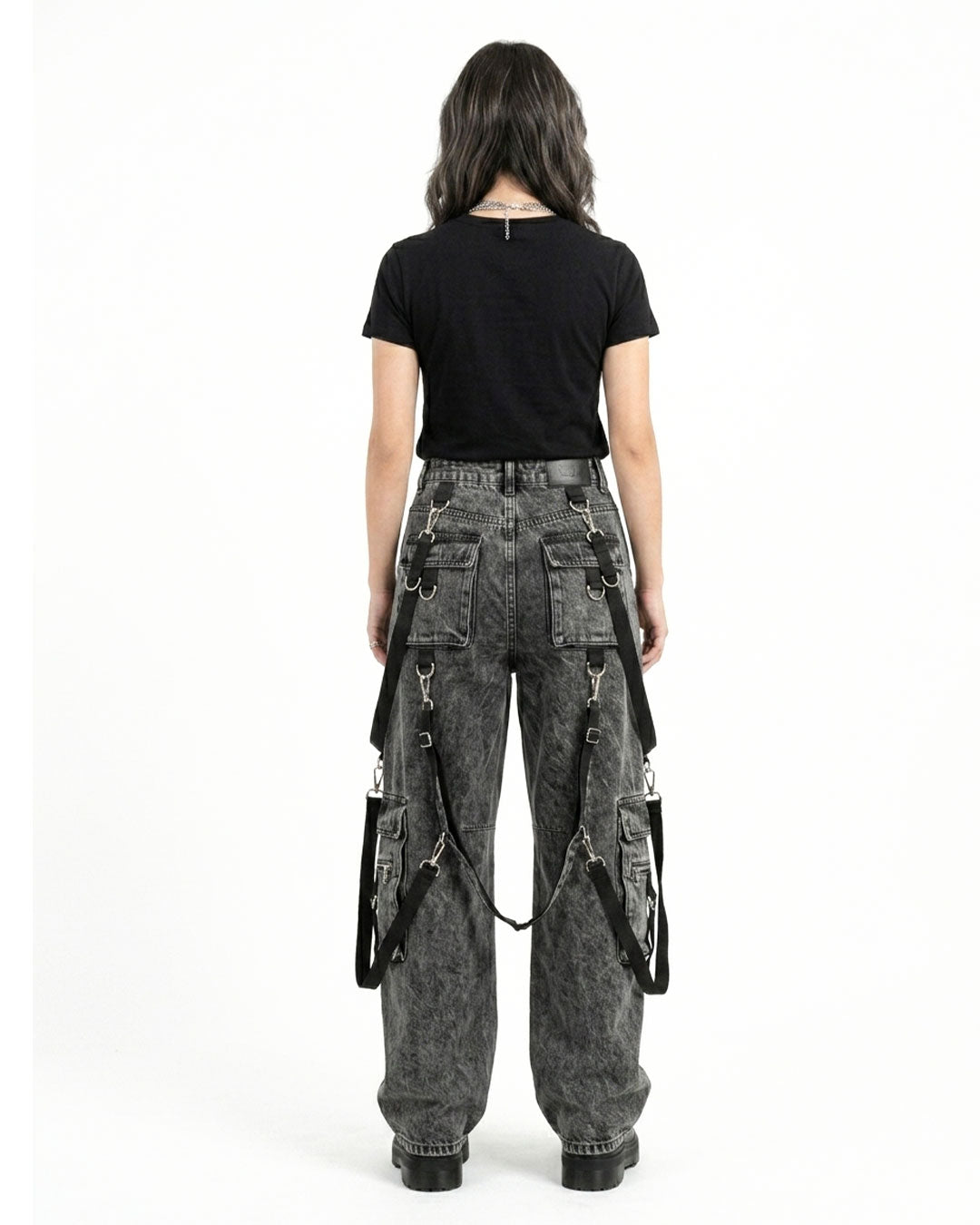 Back view of Baggy Cargo Jeans Women in washed black denim showing the relaxed wide leg cargo jeans design.