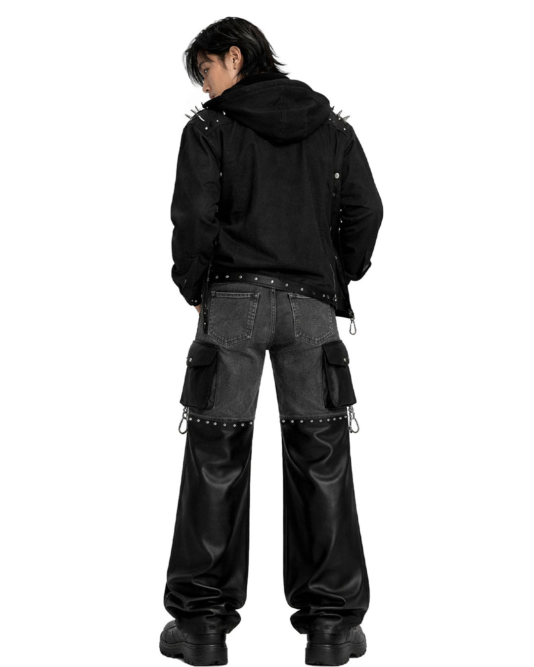 Close-up of chain accents and metal hardware on men's gothic chain pants