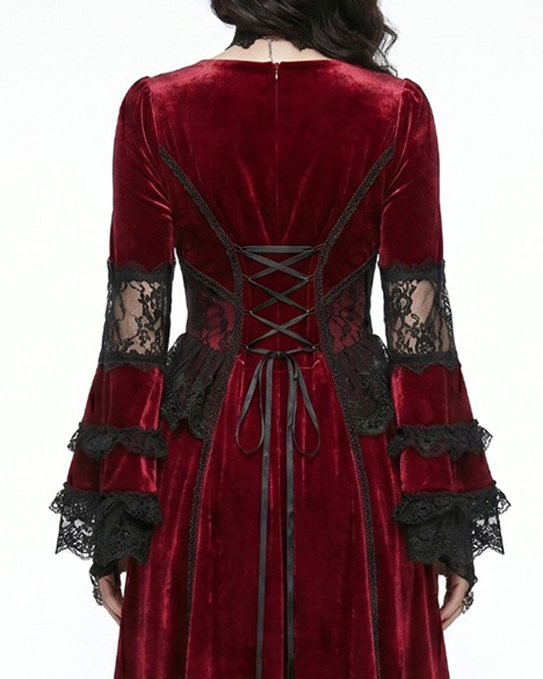 Crimson Horn Gothic Devil Halloween Costume Dress front view in red velvet with black lace