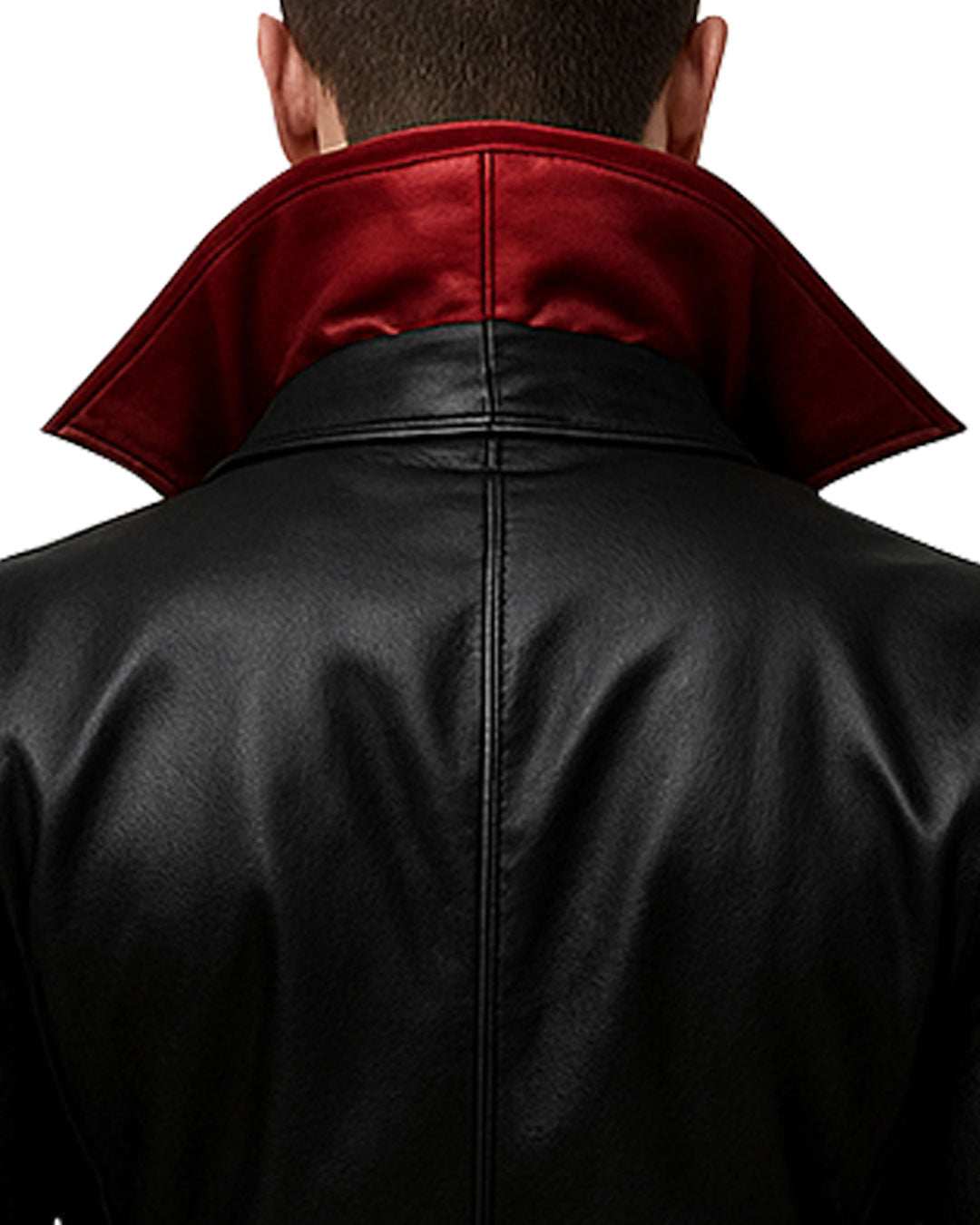 Men’s Gothic Vampire Faux Leather Trench Coat black with red collar back view