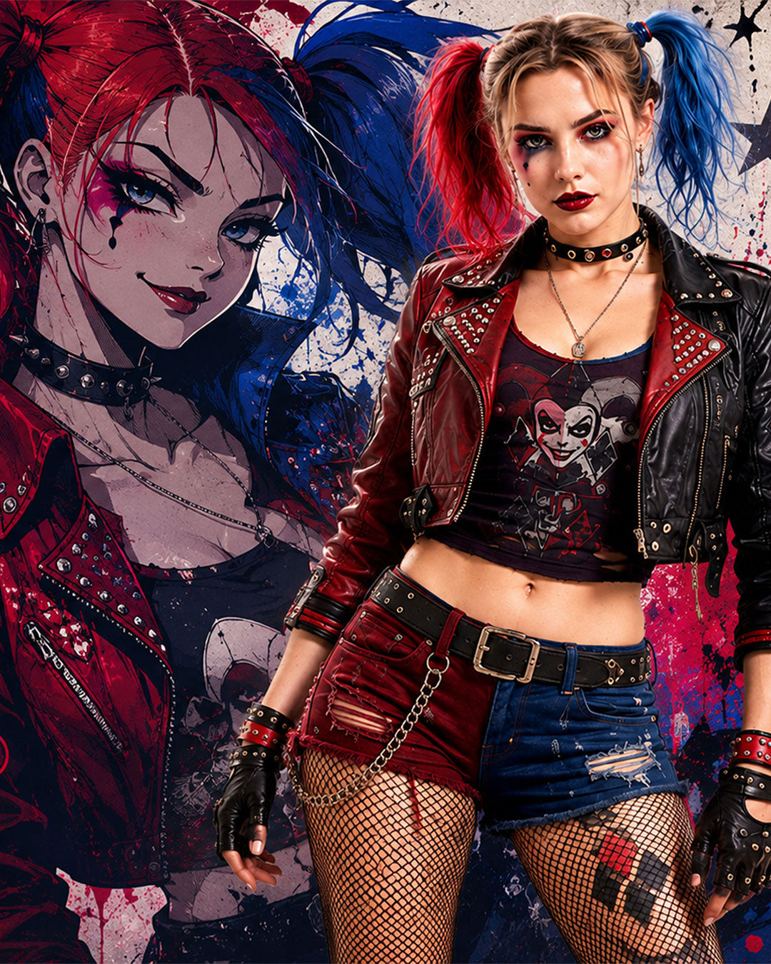 A woman styled as Harley Quinn wears a red leather jacket, black studded crop top, denim shorts, fishnet stockings, and black gloves, posed in front of a large painted portrait of Harley Quinn.