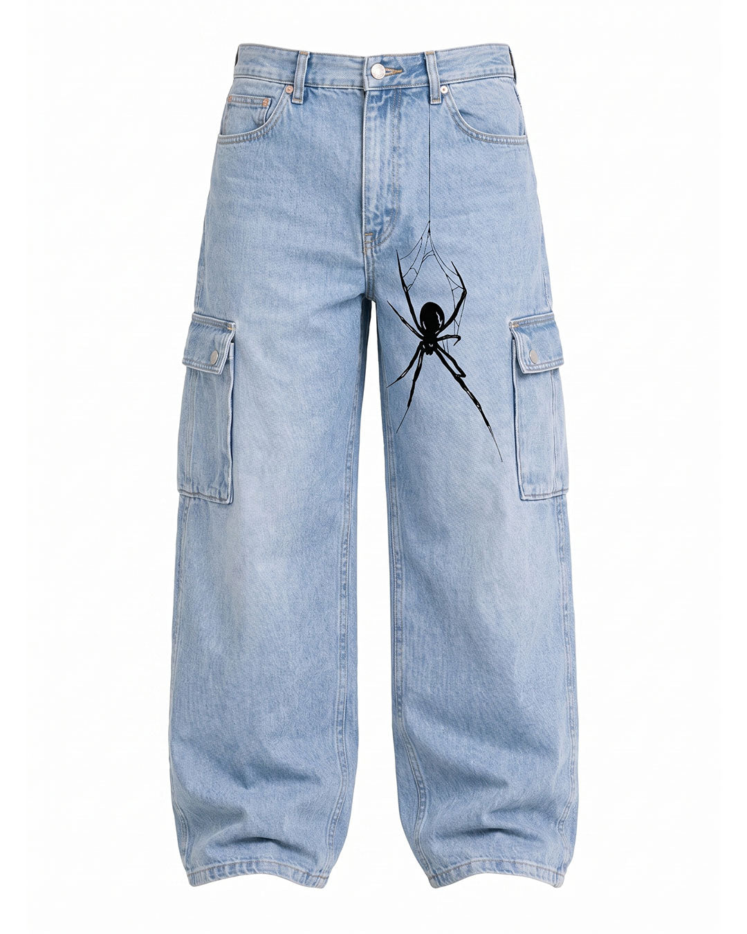 Bold back graphic artwork on men's Y2K baggy denim jeans, detail view