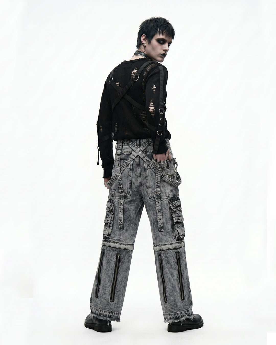 RiftLock men's denim cargo pants, back view with relaxed baggy fit