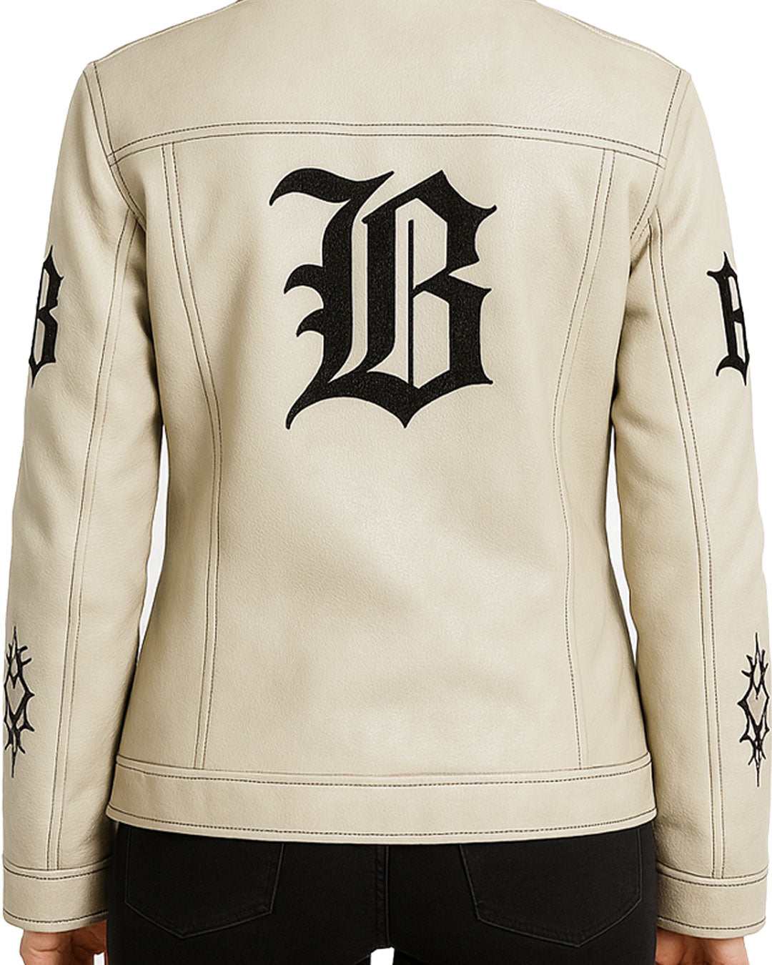 Back view of Gothic Cream Leather Jacket with black embroidered gothic letter designs on cream leather