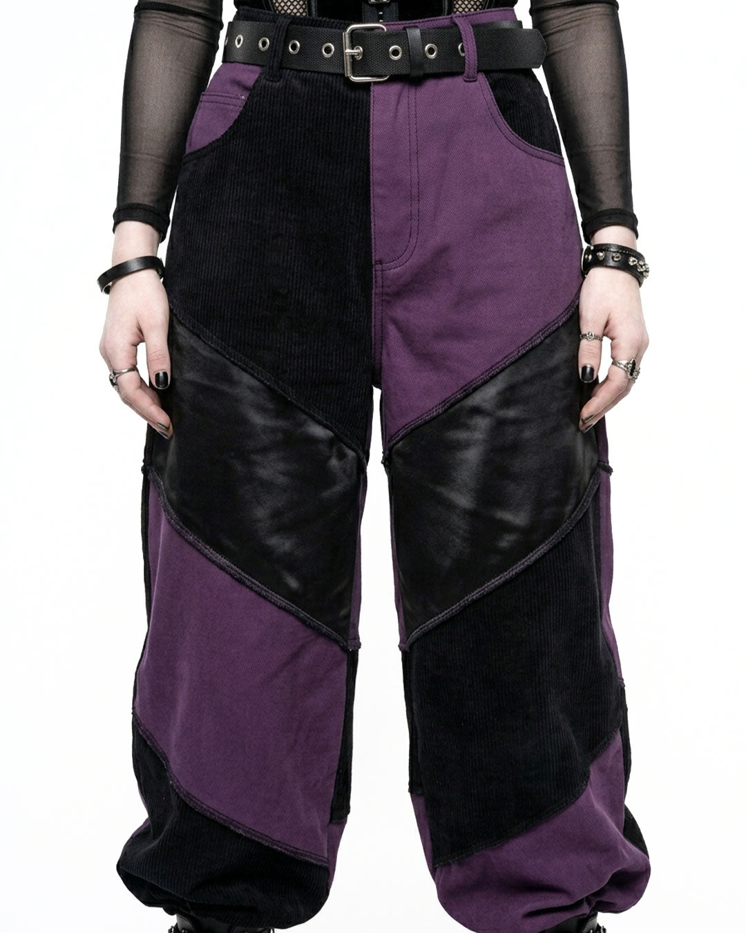 Purple and black pants with a belt on a white background