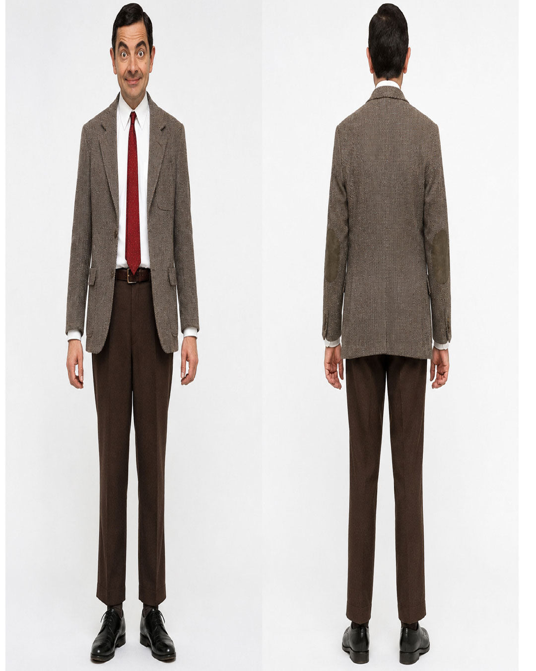 A man modeling a brown tweed blazer and matching brown trousers, shown from the front and back against a plain light gray studio background. He is wearing a white dress shirt, a red tie, and black dress shoes.