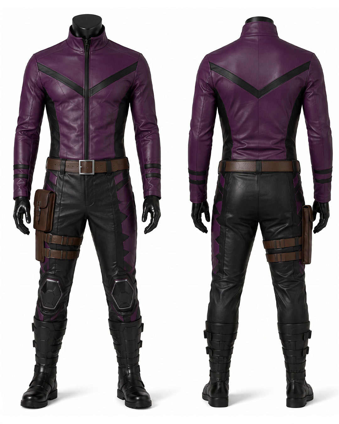Front and back views of a purple and black tactical costume displayed on a mannequin against a white background.