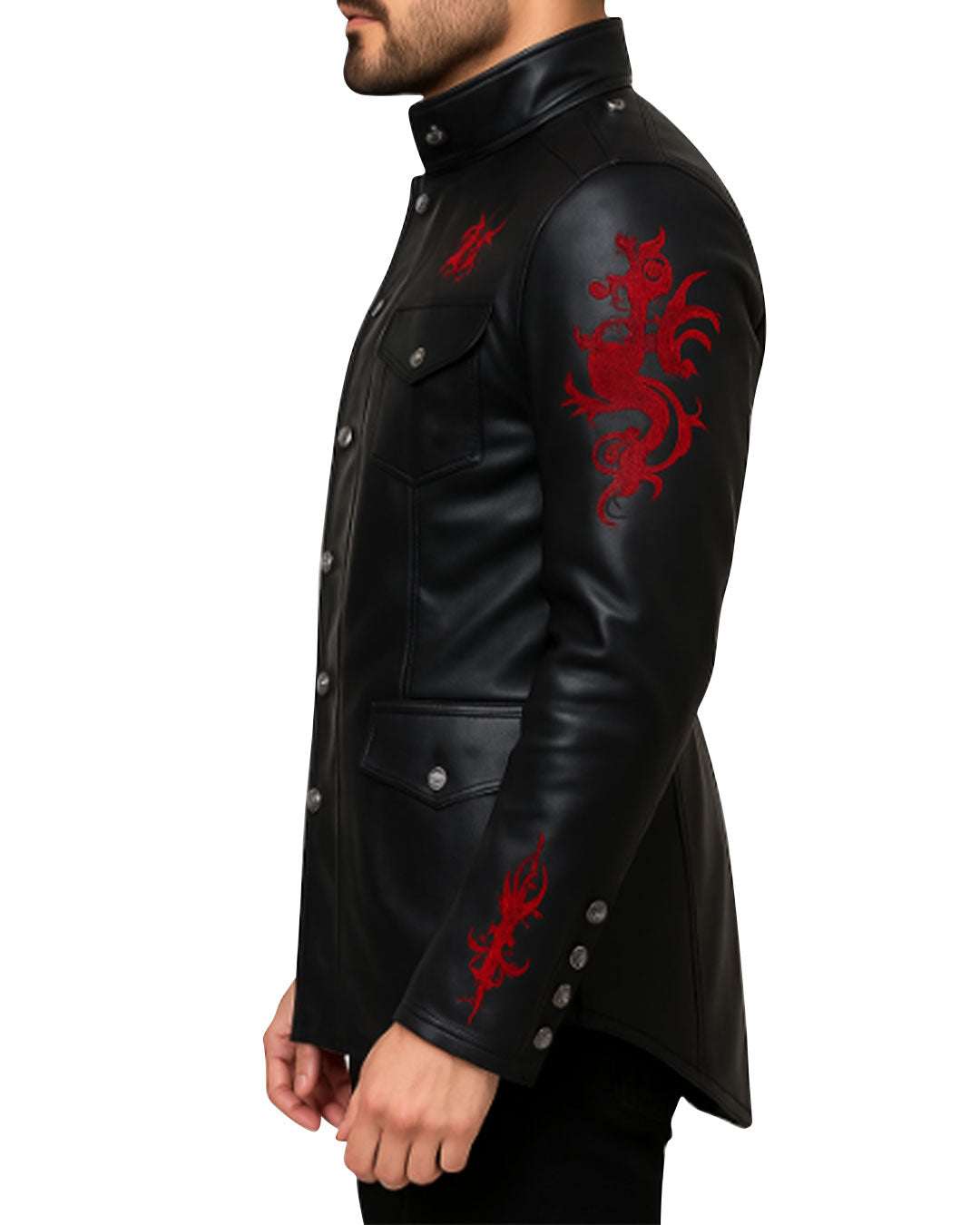 Men’s black faux leather jacket with red dragon embroidery on sleeve and chest, military-style silhouette with metal buttons and flap pockets