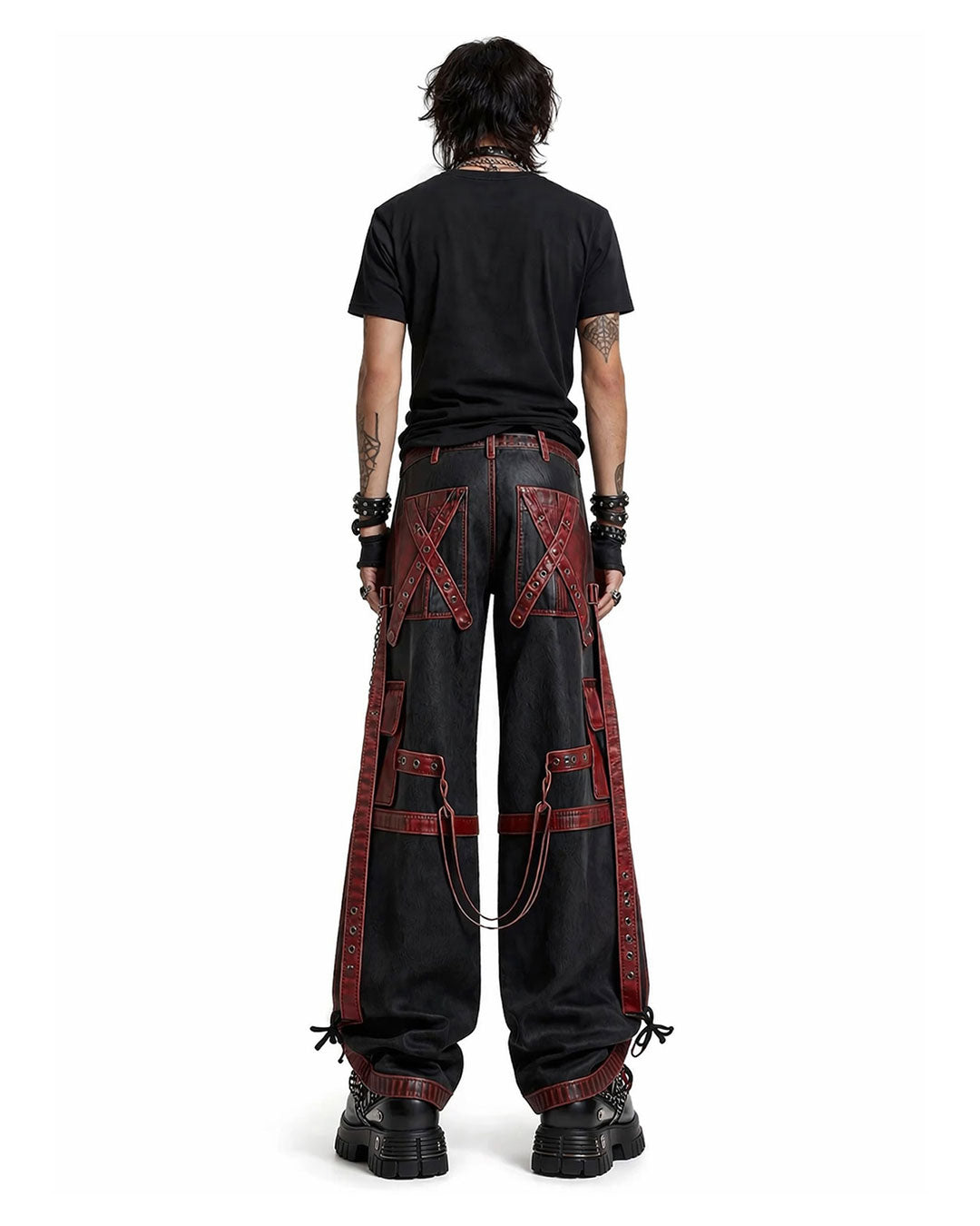 Close-up of buckle straps and contrast panels on men's gothic leather pants