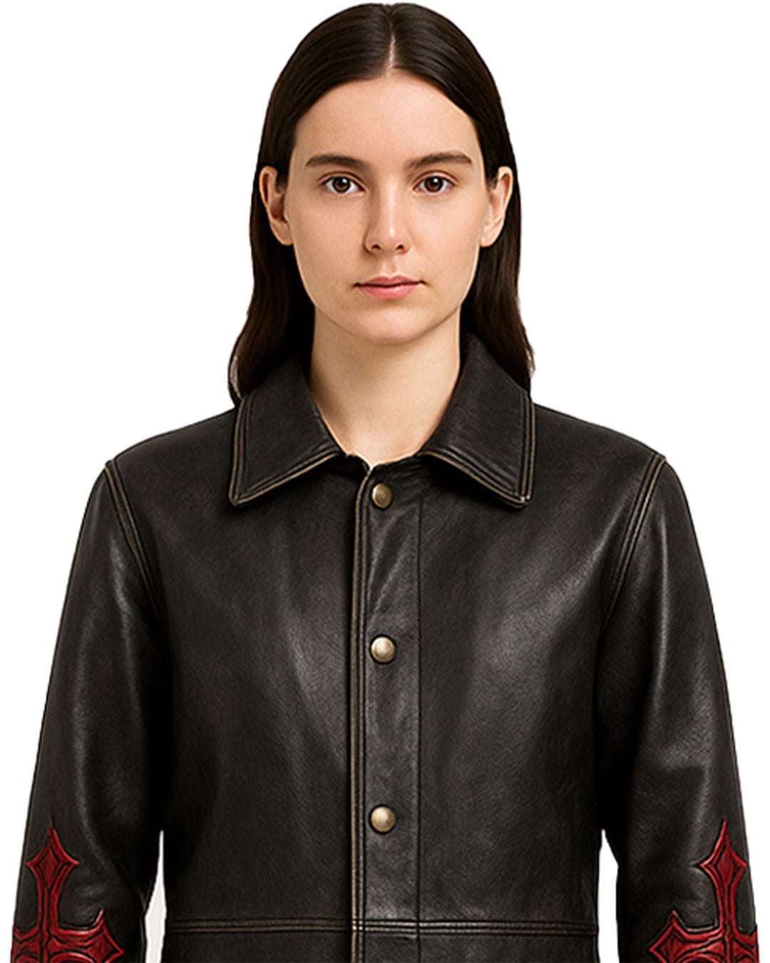 Black Gothic Cross Leather Trench Coat