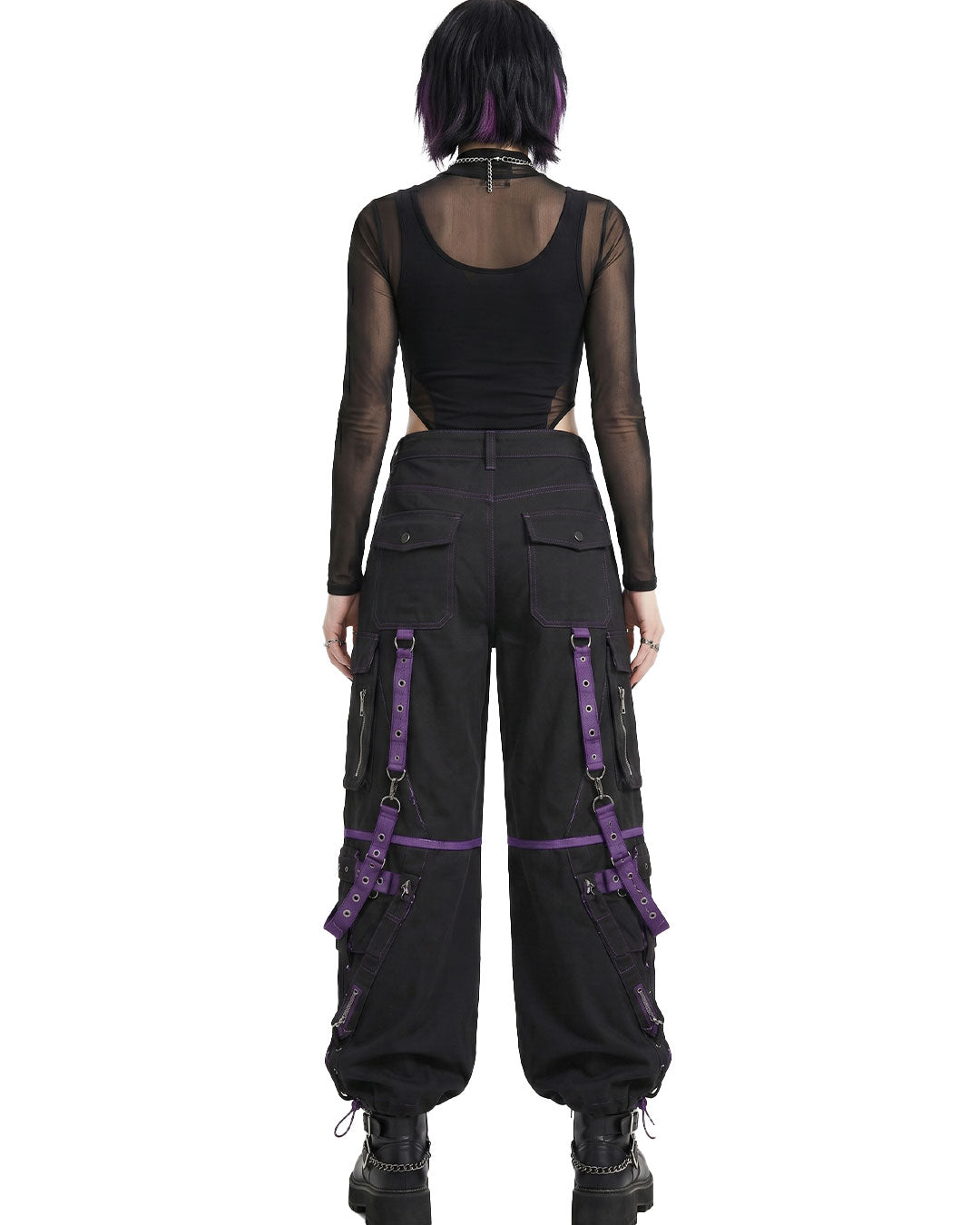 Back view of women's black cargo pants with adjustable buckle straps