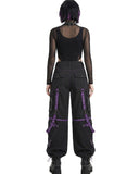 Back view of women's black cargo pants with adjustable buckle straps