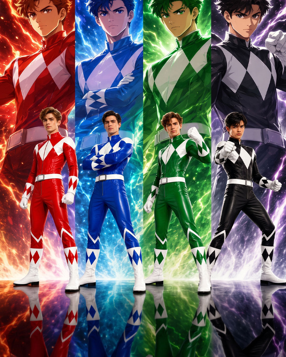 Promotional poster for the Power Rangers, featuring the five main characters in their signature colored ranger suits: red, blue, green, black, and purple. Each character is standing in front of a vibrant, glowing background corresponding to their team color, with their reflections visible on the glossy floor below.