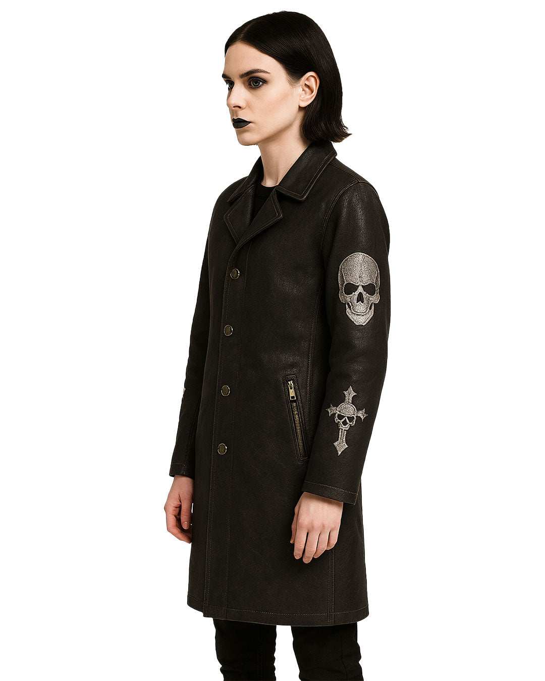 Gothic Skull Cross Embroidered Black Leather Coat