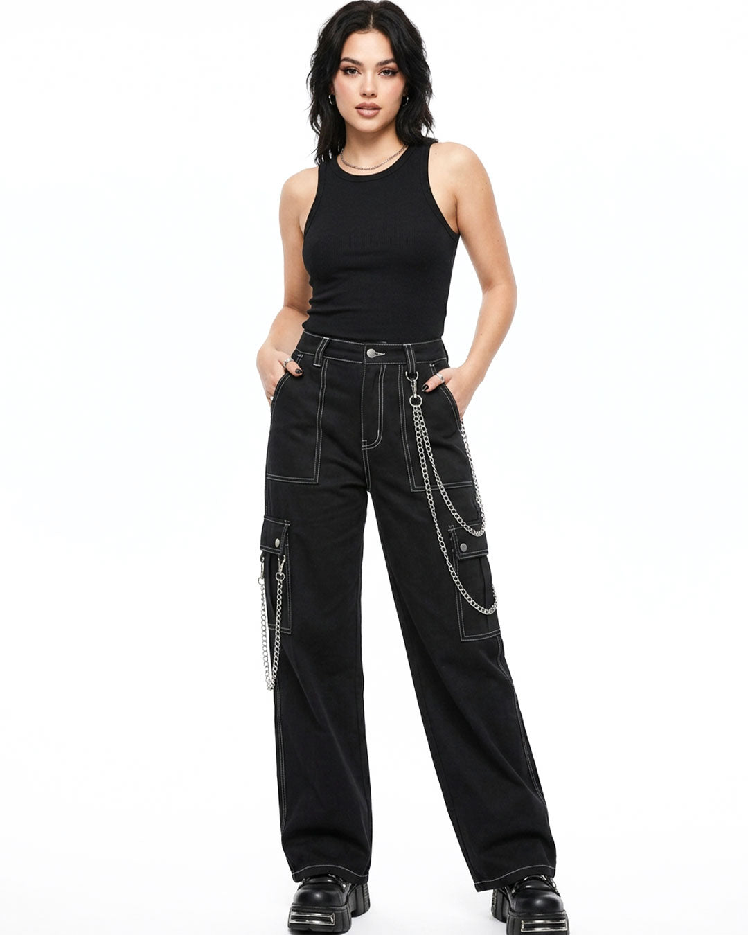 Women's Punk Chain Cargo Pants – Black Wide Leg Streetwear Trousers