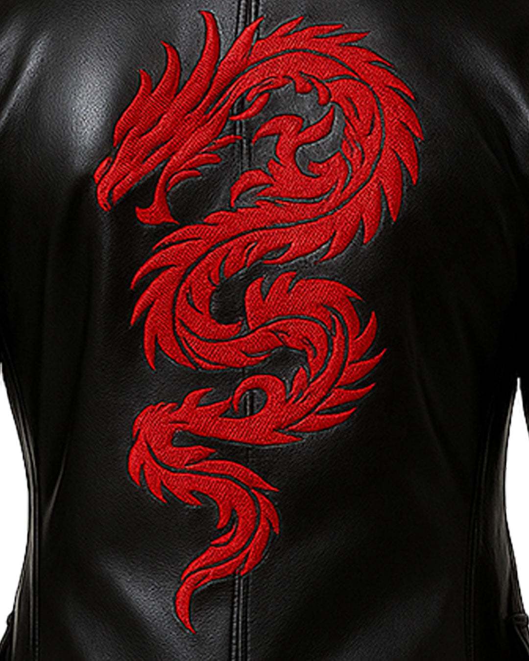Close-up of black gothic leather trench coat with red dragon embroidery detail