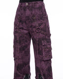 Closeup of purple cargo pants harness straps, emo cargo pants grommet and pocket detail