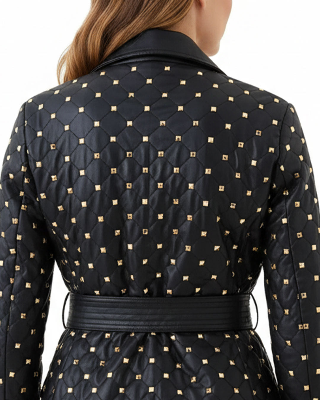 Black Leather Blazer with Gold Studded Accents