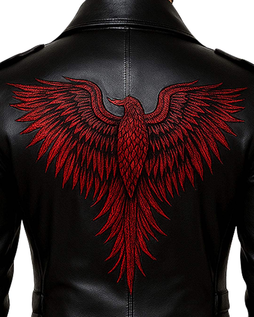 Men’s black gothic fashion leather trench coat with red phoenix embroidery on back
