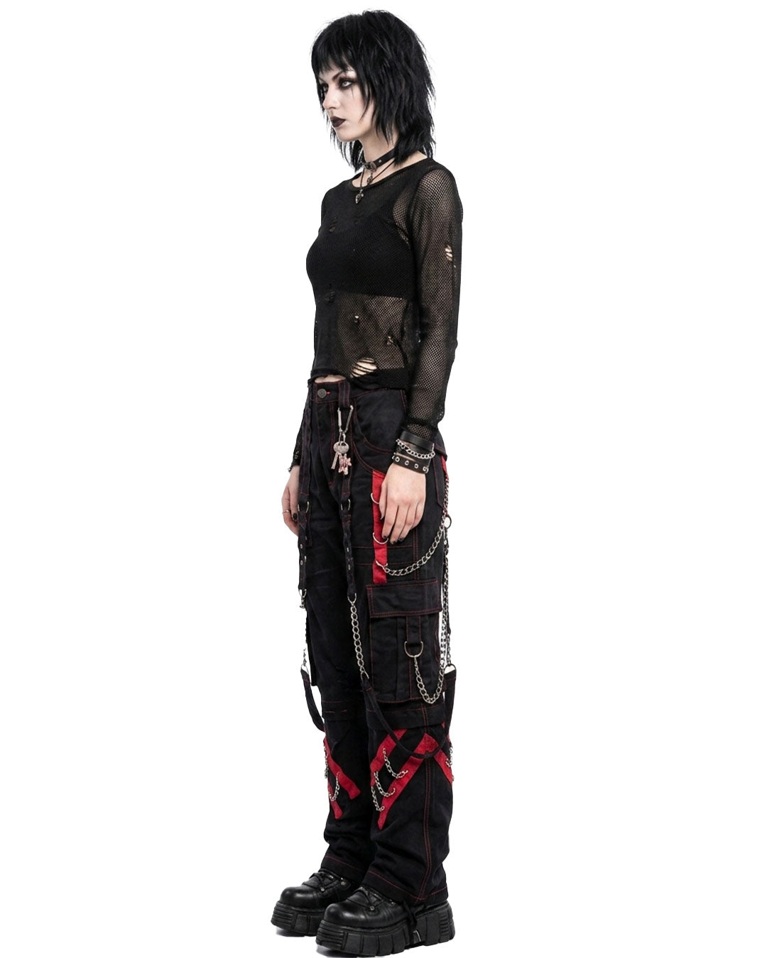 Women's Gothic Punk Cargo Pants Black Red Chain Strap