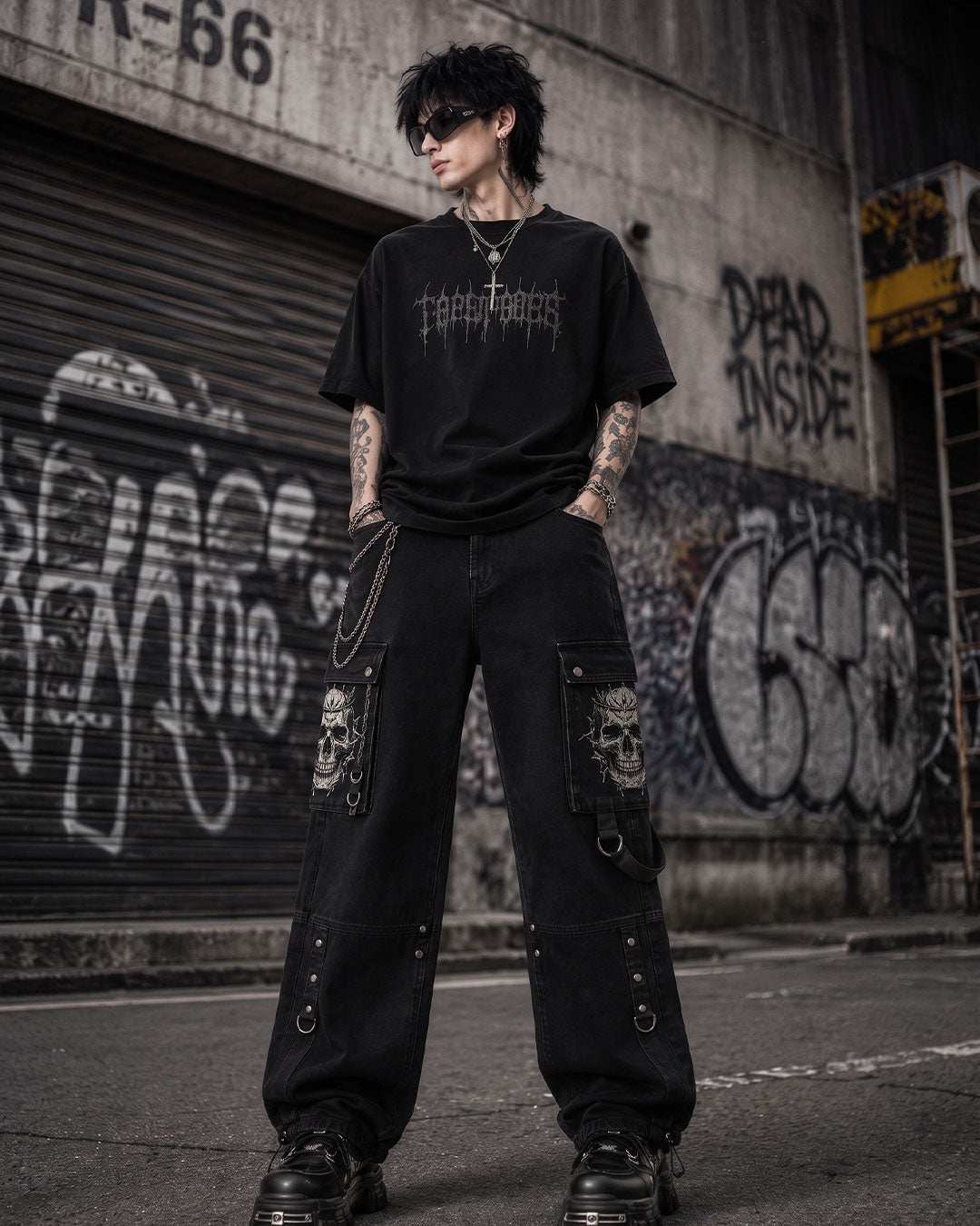 Gothic streetwear look with baggy cargo pants, chain accent and skull pocket print