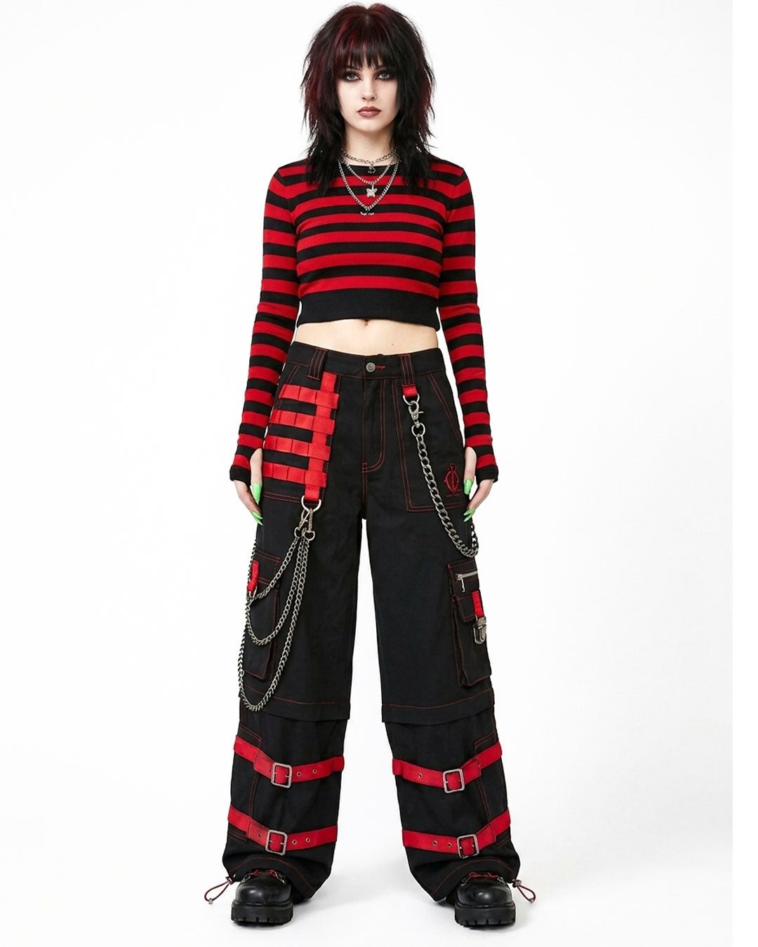 Women's Gothic Cargo Pants – Black Red Punk Wide Leg Pants