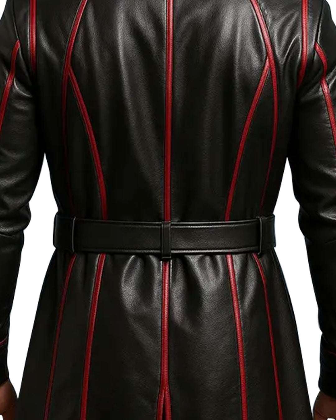 Back view of Men’s Black and Red Gothic Leather Trench Coat with red accents and belted waist