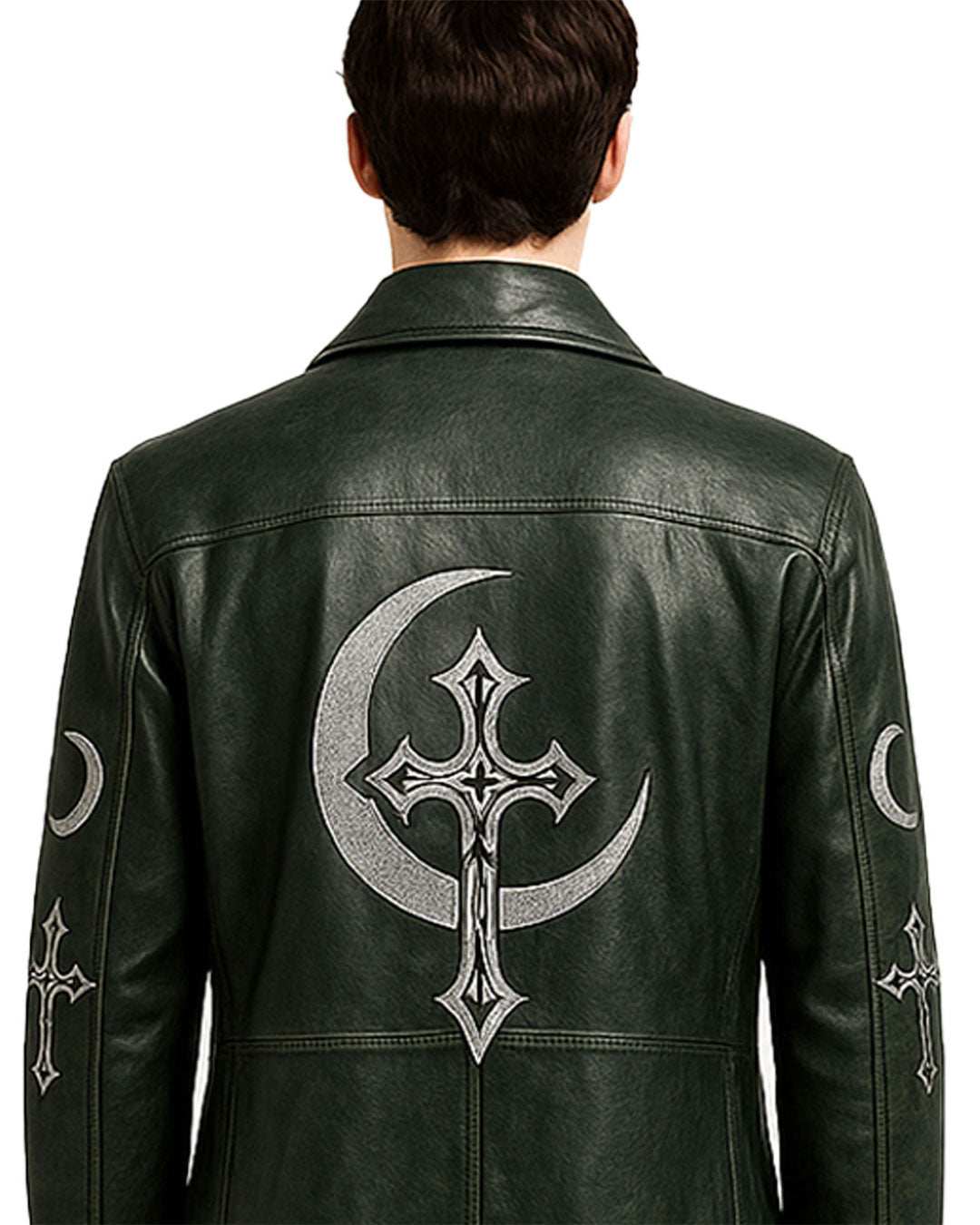 Men's long flowing gothic coat in green leather with moon and cross embroidery on back and sleeves