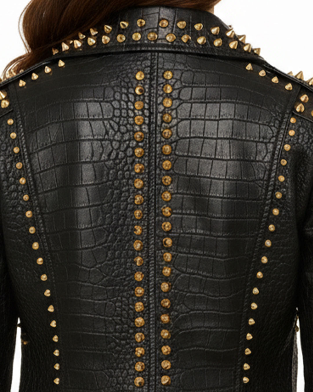 Women’s Black Crocodile Texture Studded Leather Jacket