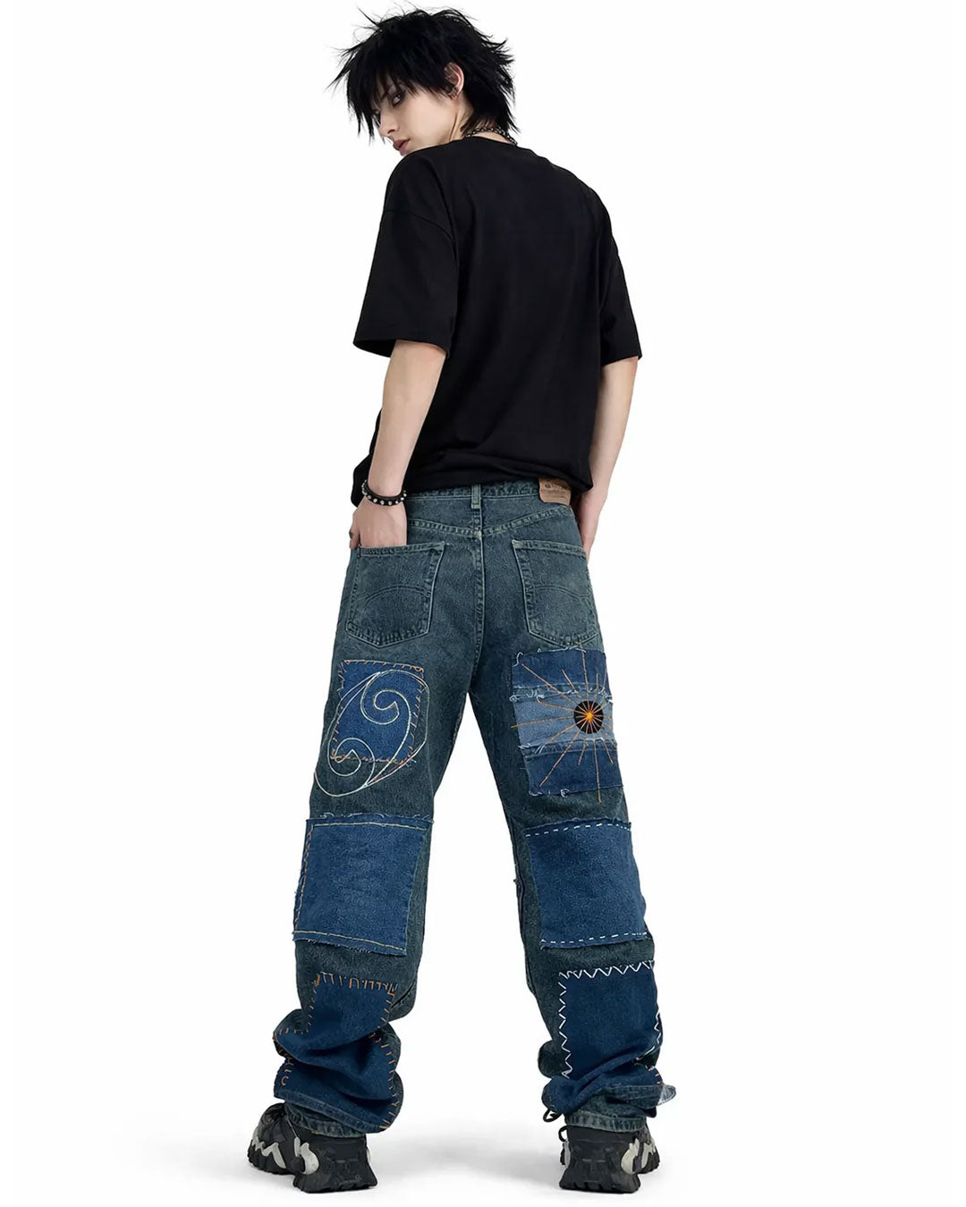 Patchwork Embroidered Wide Leg Denim Jeans