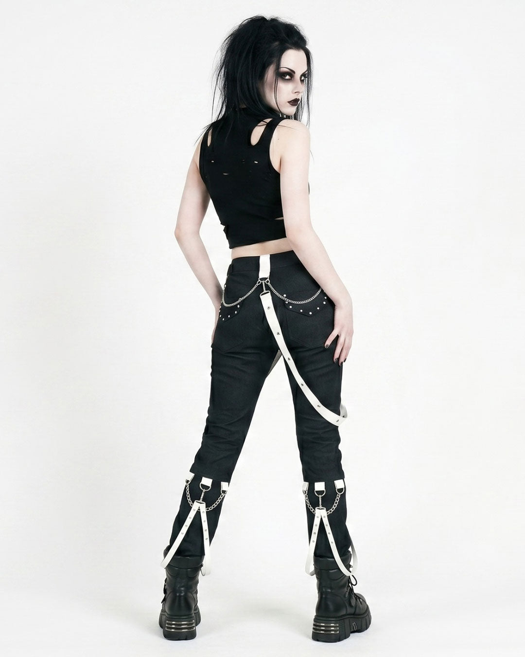 Trippprs White Strap-Detail Black Skinny Pants