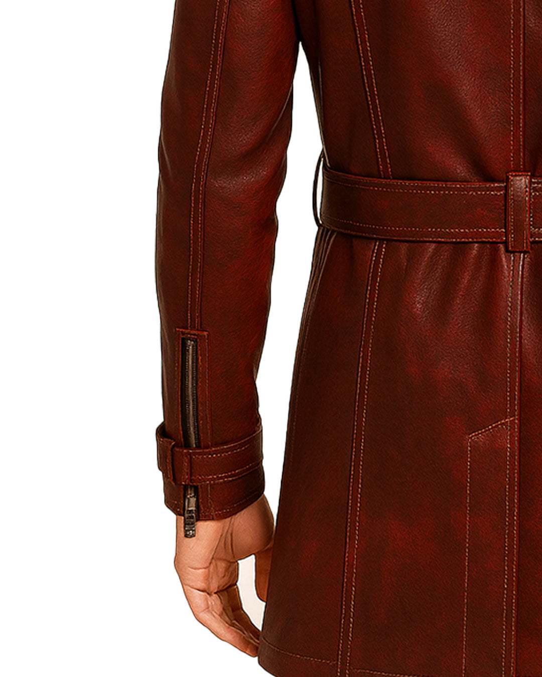 Close-up of maroon leather trench coat sleeve and belted waist on a man's arm, showing detailed stitching and zipper cuff.