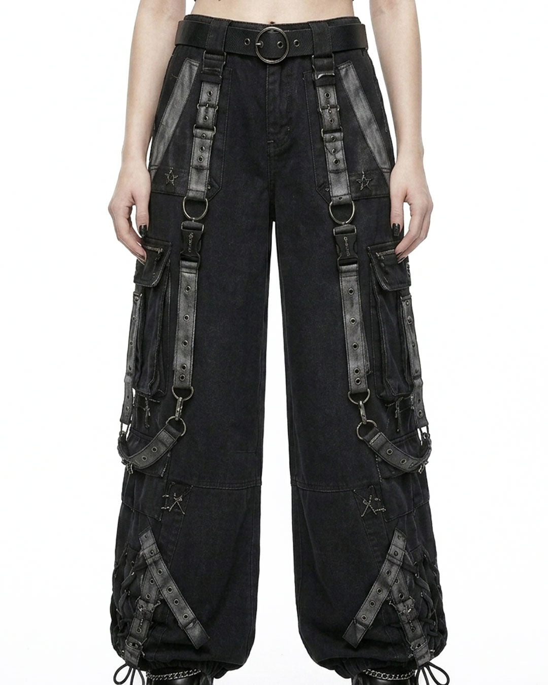 Close-up of buckle strap and D-ring hardware on denim cargo pants