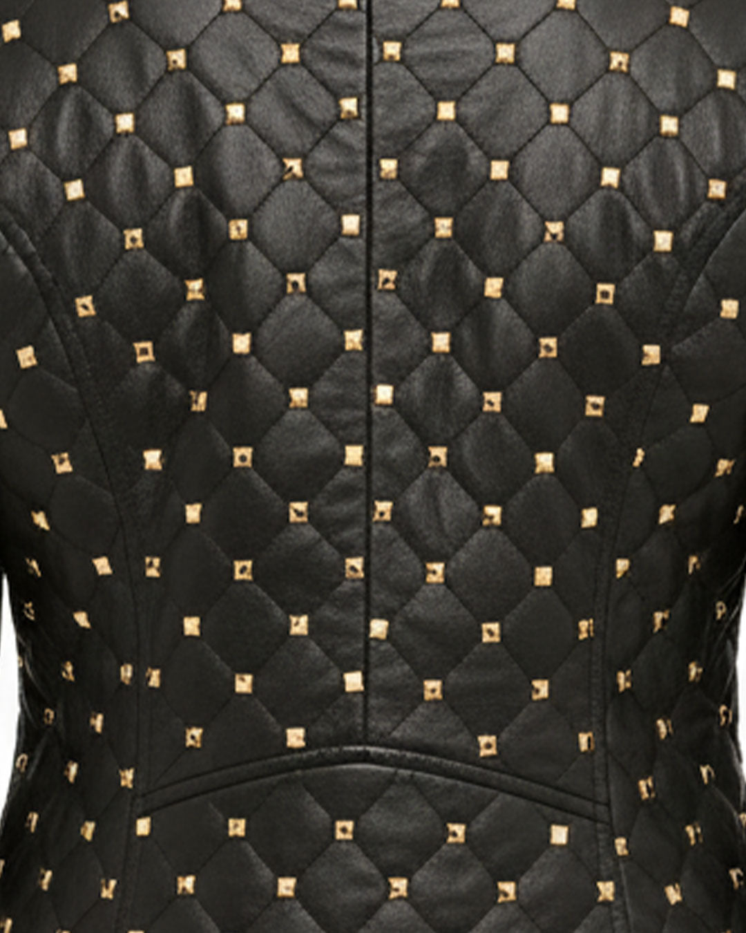 Women's Black Quilted Leather Jacket with Gold Studded Accents