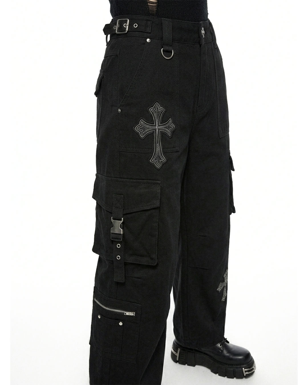 Women's Gothic Black Cargo Pants with Cross Embroidery