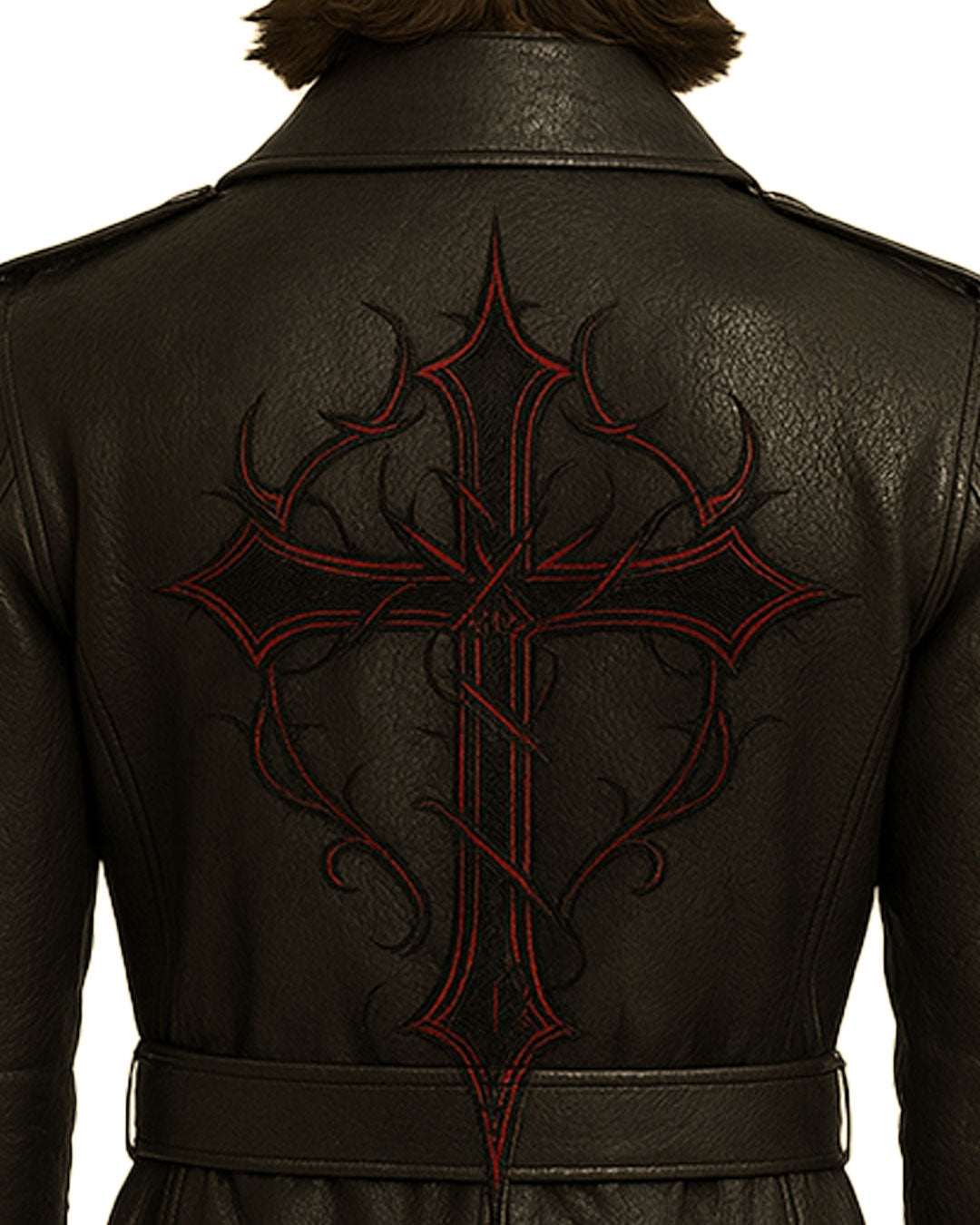 Black Gothic Cross Leather Trench Coat with red embroidered cross on back, genuine leather, adjustable belt, and double-breasted design.