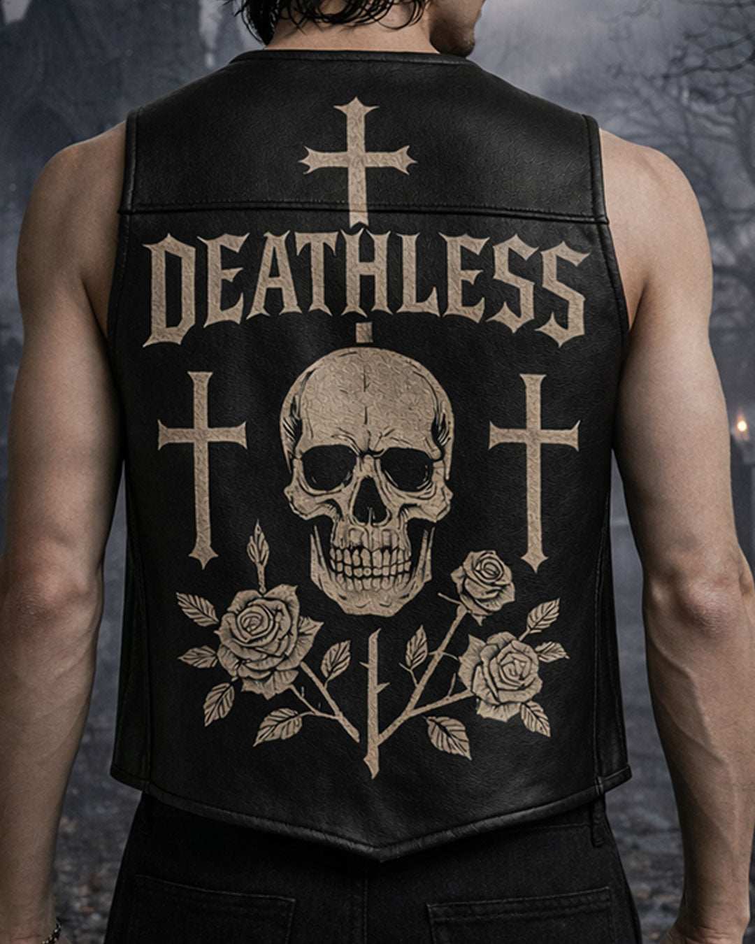 Deathless Skull Leather Vest with gothic skull and roses design in premium faux leather for bold streetwear style