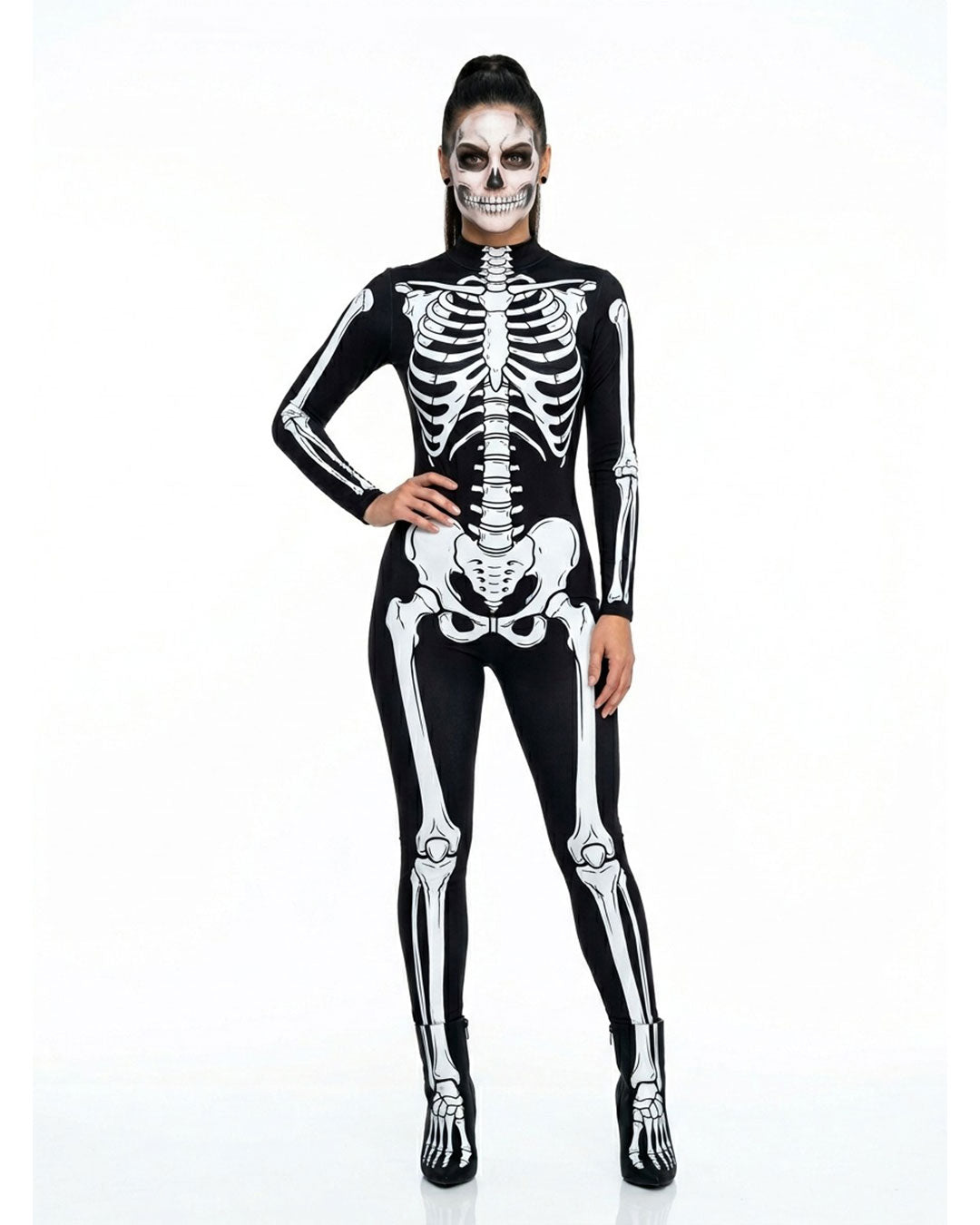 Women’s skeleton body suit Halloween costume with black fitted bodysuit and white full-body bone print