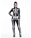 Women’s skeleton body suit Halloween costume with black fitted bodysuit and white full-body bone print
