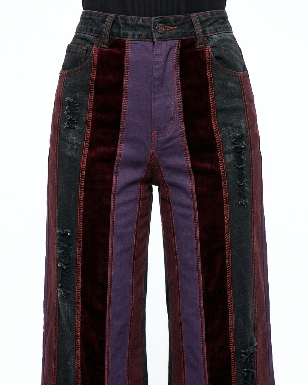 Multicolored striped pants with a mix of purple, red, and black on a white background