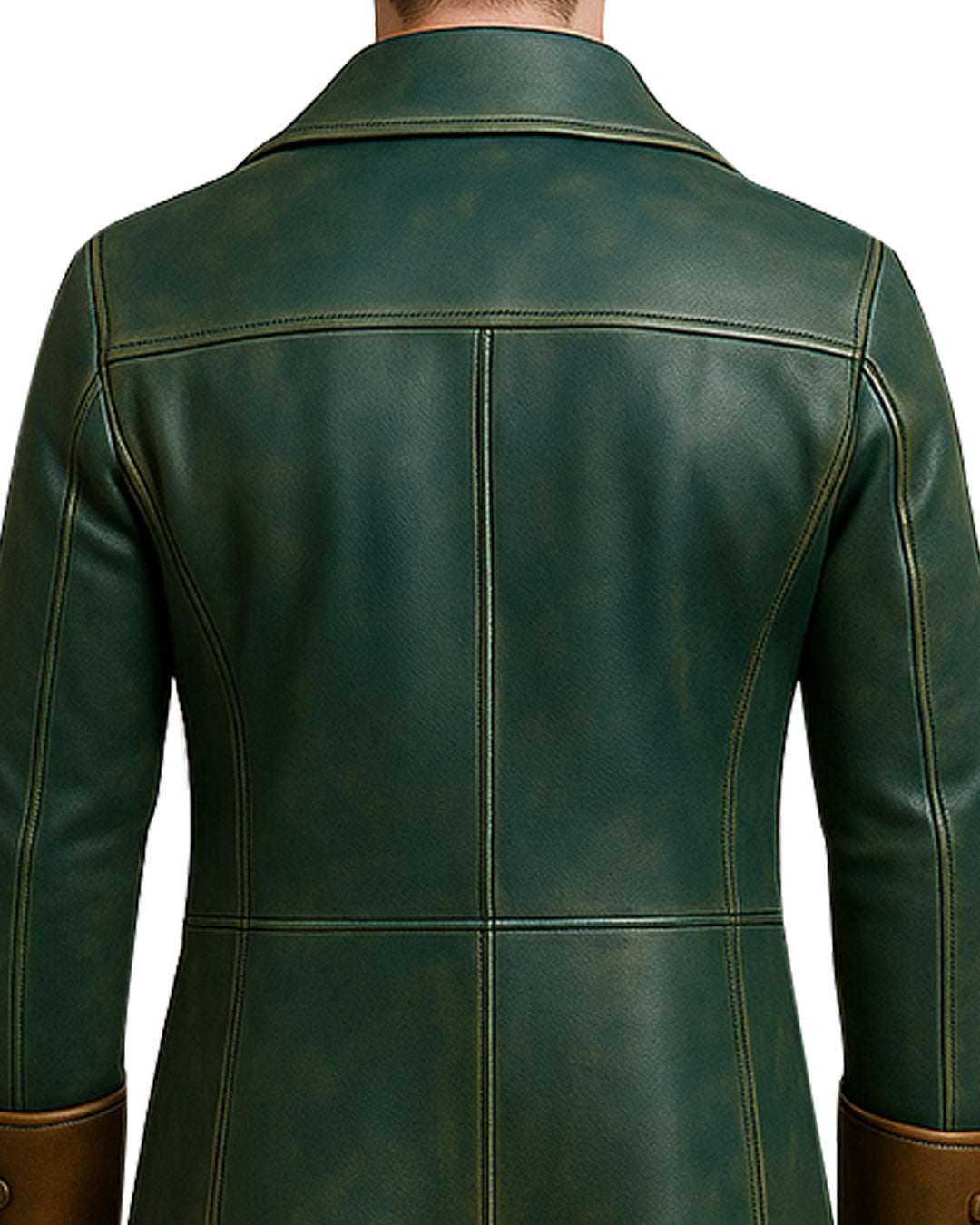 Back view of vintage green brown leather trench coat with detailed stitching and dual-tone finish