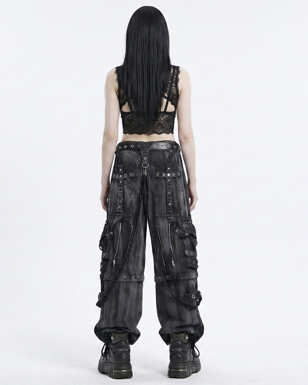 Black Acid Wash Gothic Cargo Pants – Distressed Wide-Leg Rave Trousers
