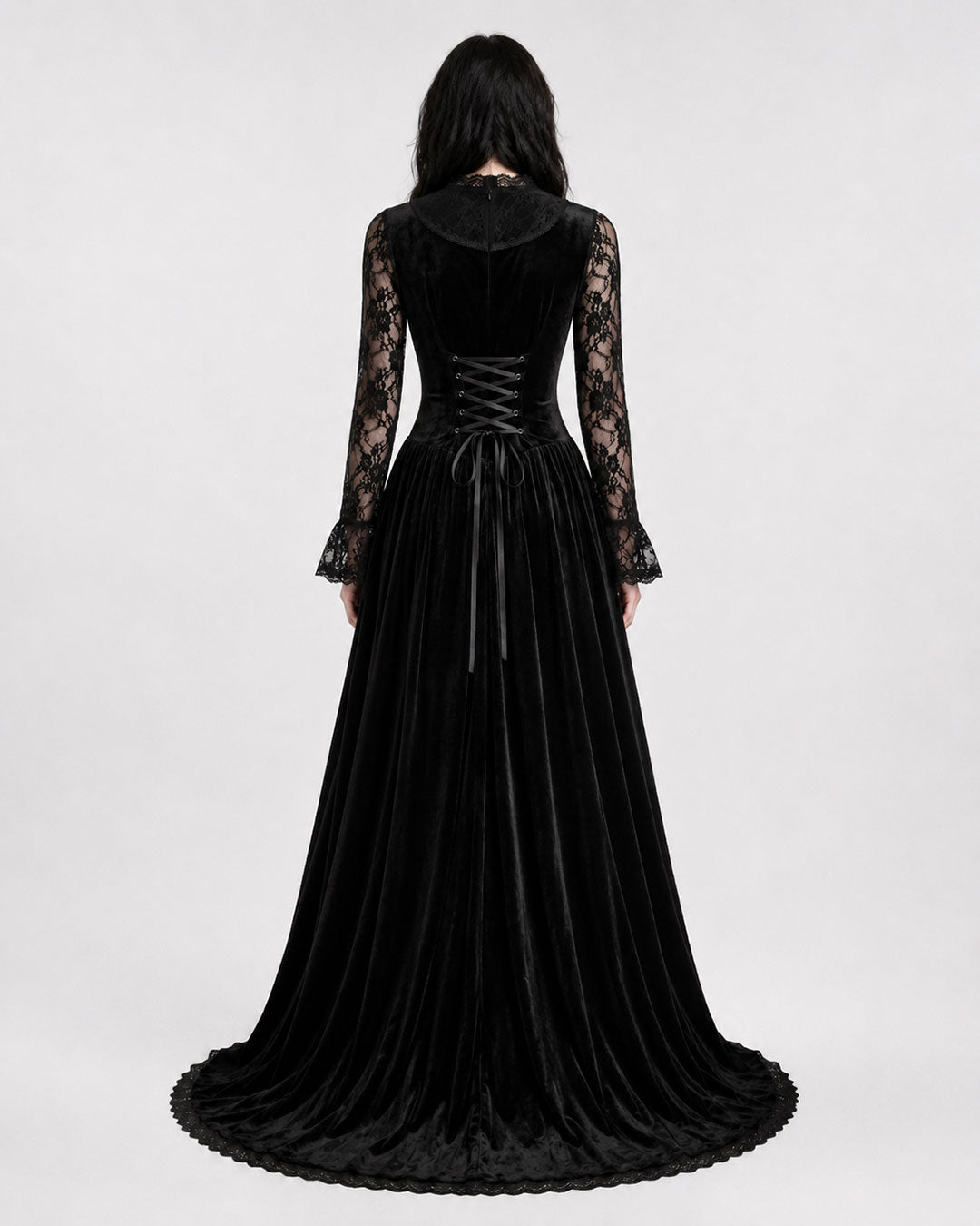 Midnight Widow Gothic Vampire Costume Dress front view in black velvet with lace sleeves