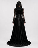 Midnight Widow Gothic Vampire Costume Dress front view in black velvet with lace sleeves