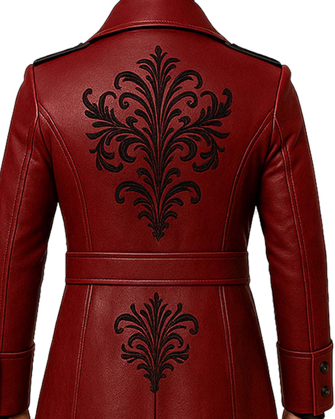 Men’s Blood Red Gothic Leather Trench Coat with black embroidery design on the back