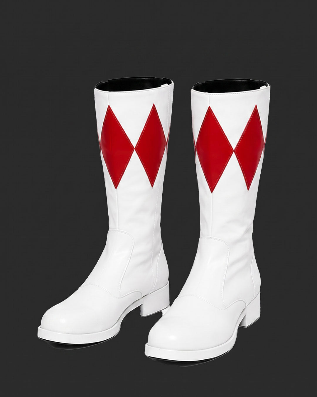 A pair of white knee-high boots with a bold red diamond pattern on the shaft, shown against a dark gray background.
