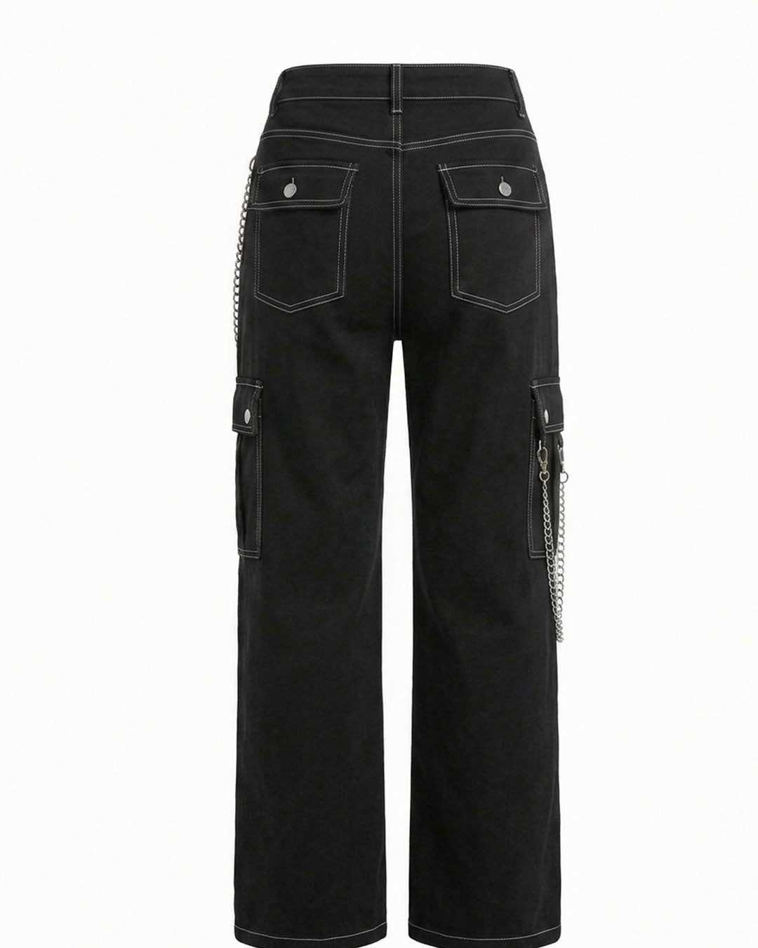Women's Punk Chain Cargo Pants – Black Wide Leg Streetwear Trousers