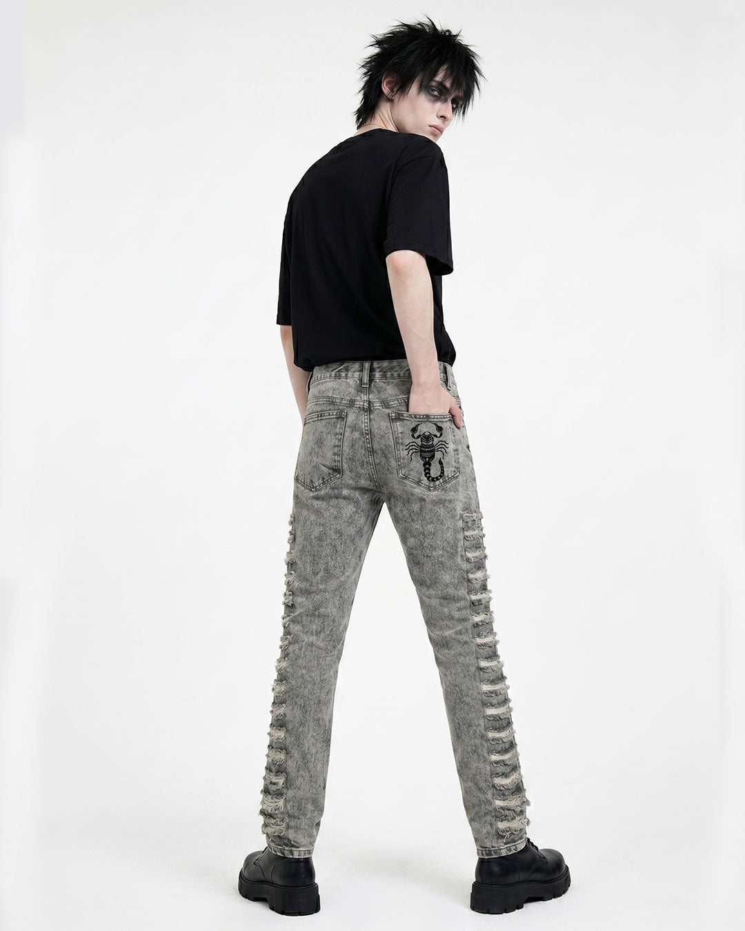 Back view of men's grey ripped skinny jeans with slim fit